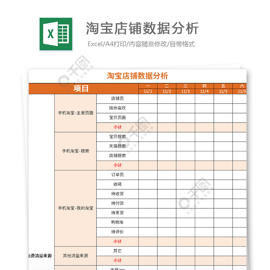 淘宝店铺数据分析excel文档模板免费下载_xlsx格式_982像素_编号