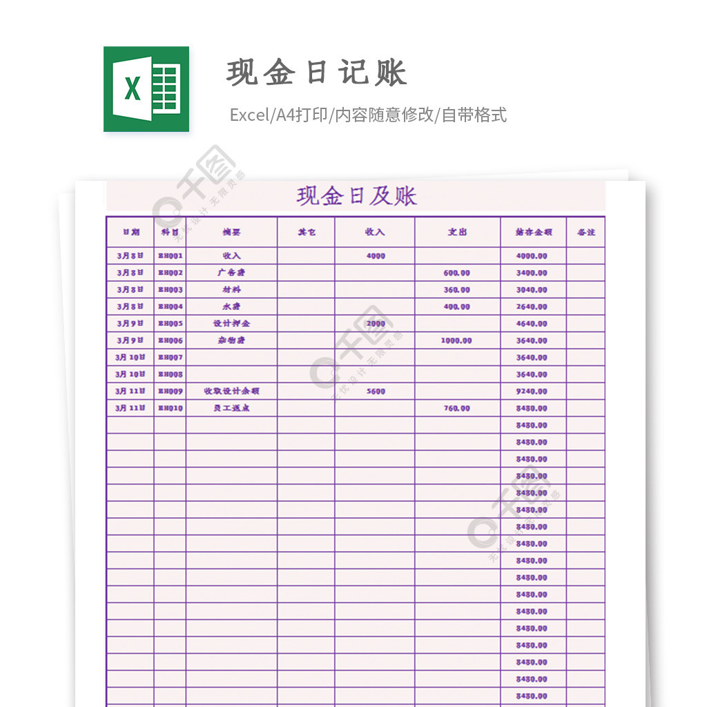 現金日記賬超級實用excel模板免費下載_xlsx格式_324像素_編號