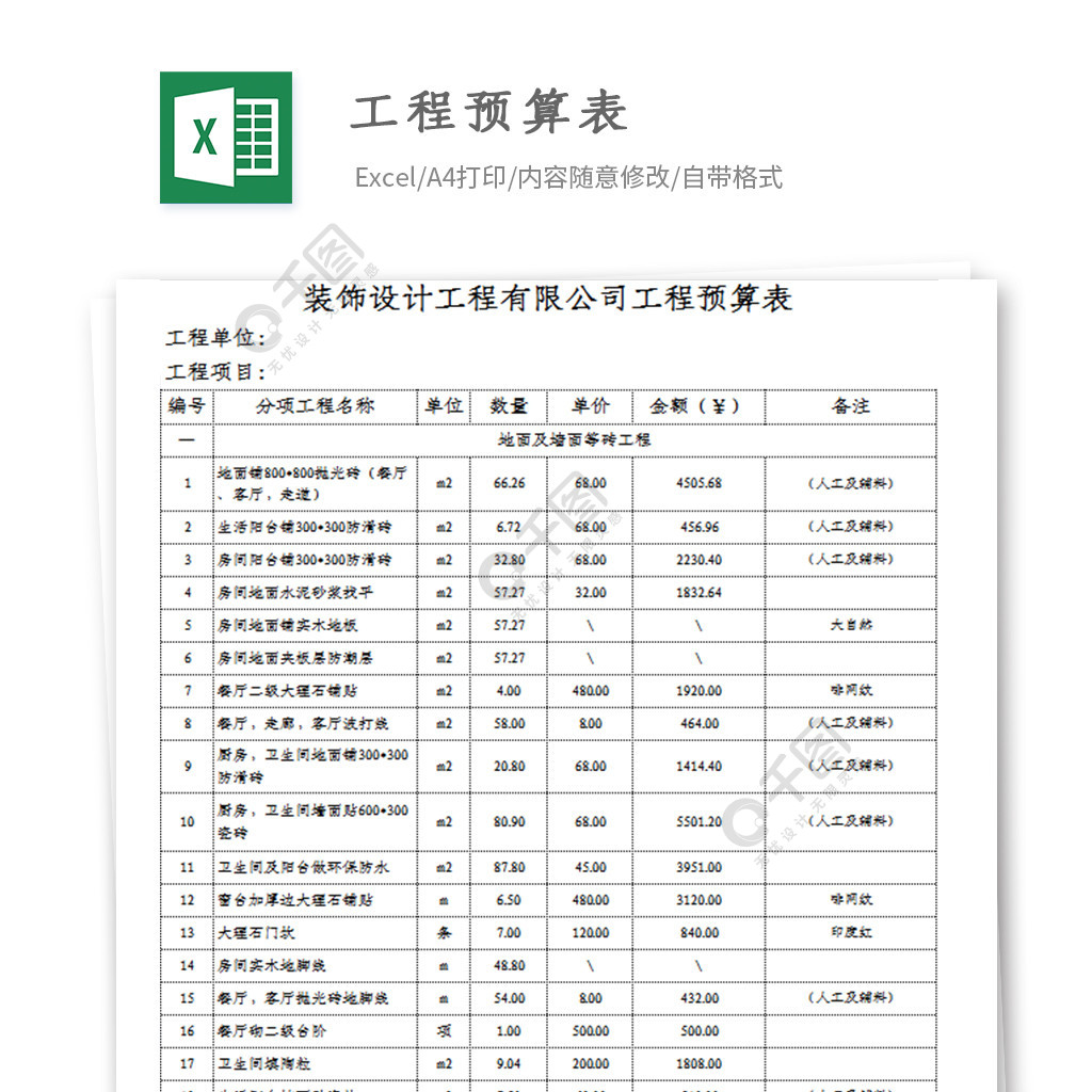 工程預算表格excel模板