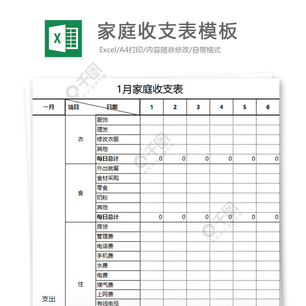 1月家庭收支表模板