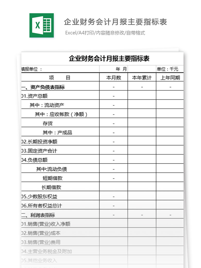 [财务报表样本]财务会计月报指标明细表