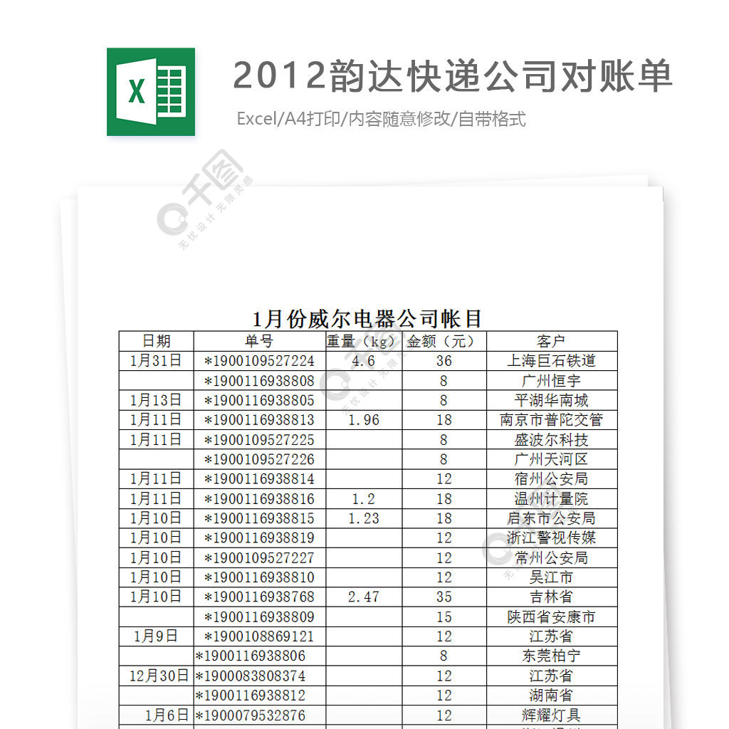 2012韵达快递公司对账单模板免费下载