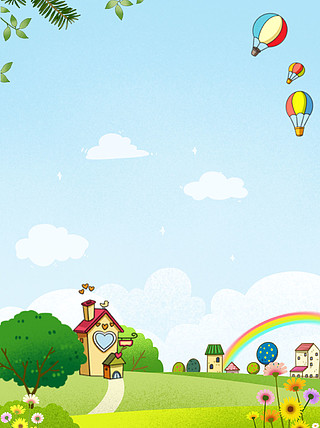 卡通蓝天白云热气球人物背景图
