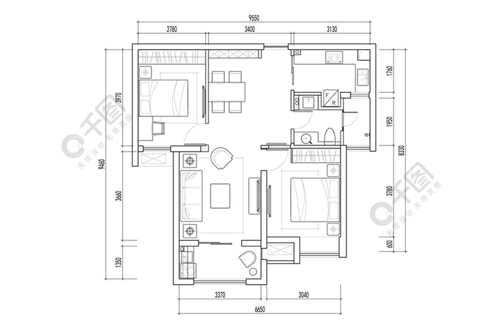 cad兩室一廳平面定製設計圖免費下載_dwg格式_編號28745296-千圖網