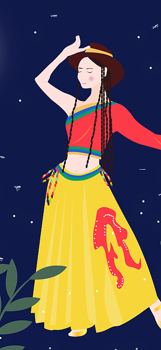 民族特色藏族姑娘夜晚跳藏族舞蹈原创插画