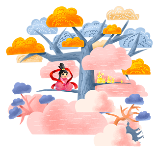 中秋节坐月桂树上云端嫦娥玉兔大型场景插画