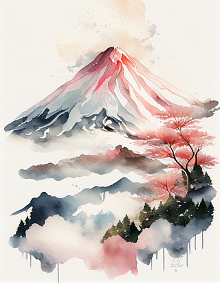 富士山水彩風景畫