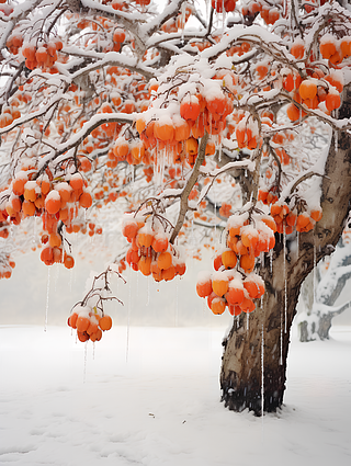 美味柿子高清摄影图冬雪中的柿子树冬天冬季素材雪地里的柿子长满了霜