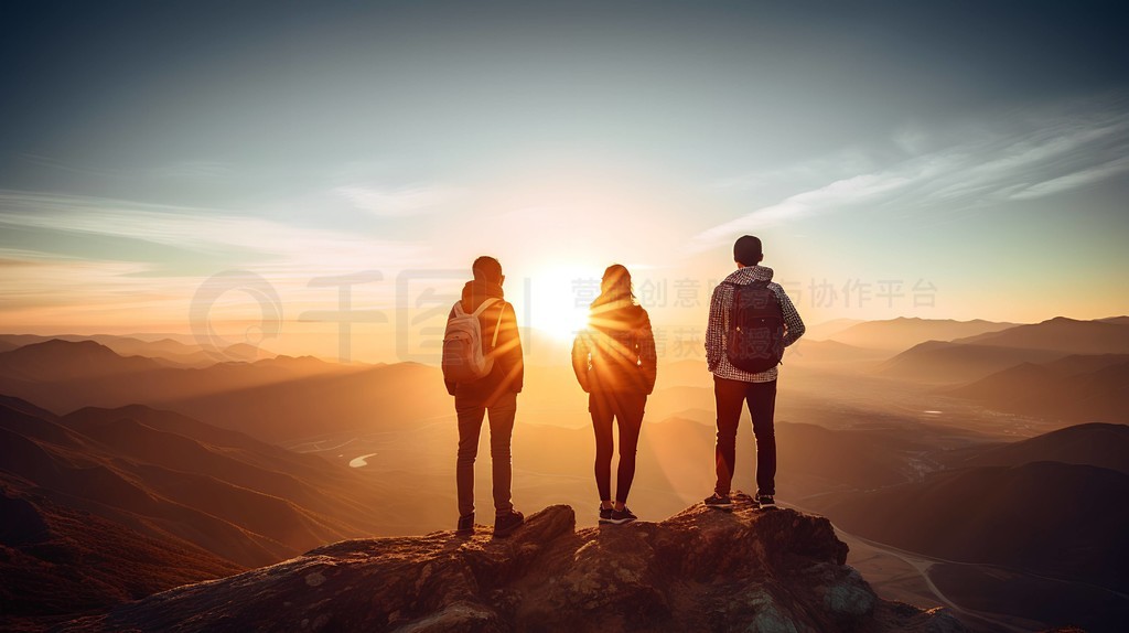 徒步场景人像摄影图一对中国夫妇和一男一女穿着户外服装,站在山顶上