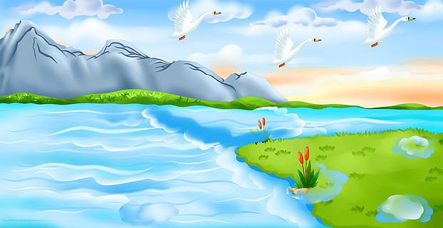 湖面上飞翔的天鹅卡通湖面元素游泳圈简单画小清新简约风格端午节粽子