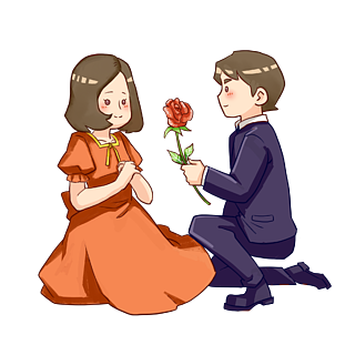 男子拿红色玫瑰花跪地求婚女孩的卡通元素