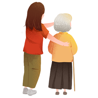 手绘卡通搀扶老奶奶的长发女人背影可商用元素