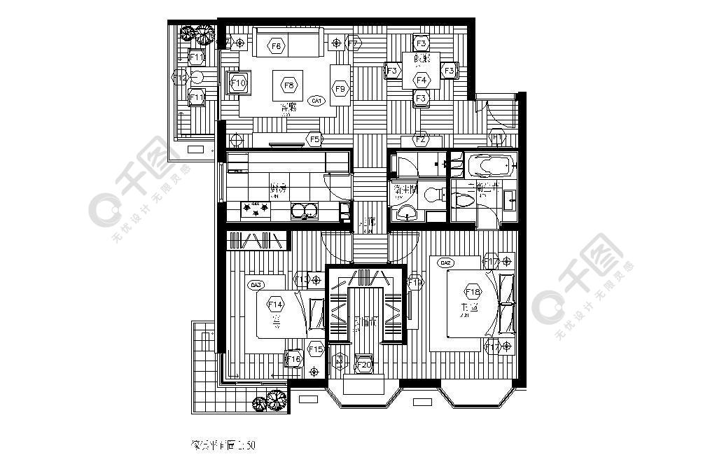 現代簡約風格兩室一廳平面圖設計圖免費下載_1024像素_dwg格式_編號