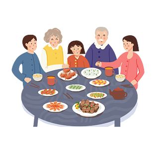 手绘卡通满桌子美食的祖孙三代幸福家庭聚餐