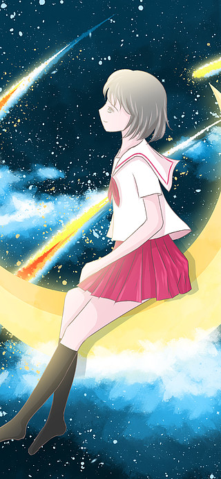治愈系星空插画坐在月亮上看流星的女孩