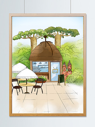 埃塞俄比亚风格咖啡屋小清新树林插画