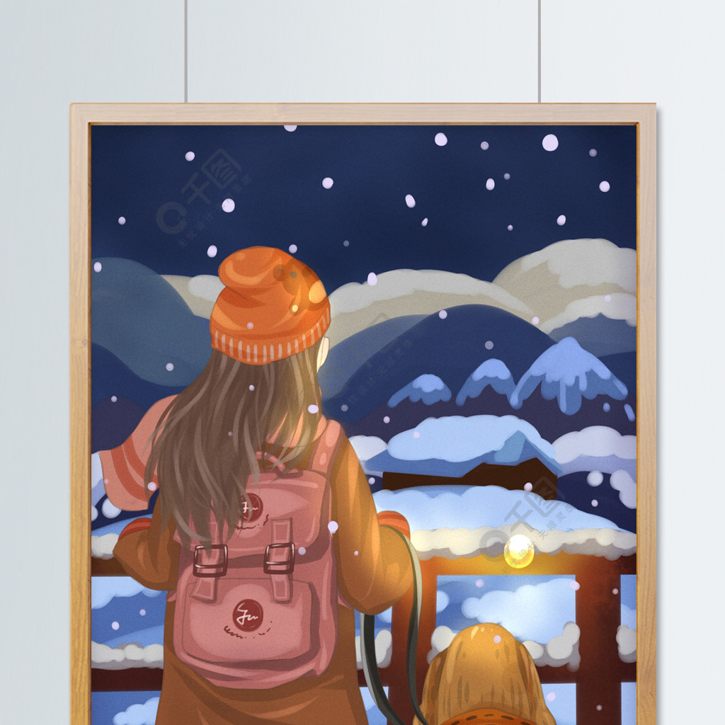 唯美冬季雪夜牵着狗狗远眺的背包少女