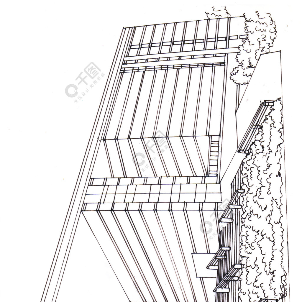 建築物植物場景手繪類黑白線條矢量