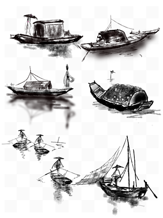 水墨国画船黑白舟渔船山水元素古风免抠素材
