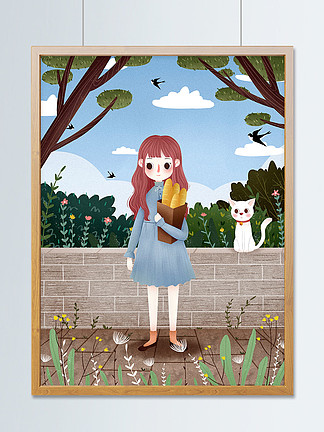 14941清新唯美三月你好少女猫咪插画1497812手绘森林中跳舞的女孩