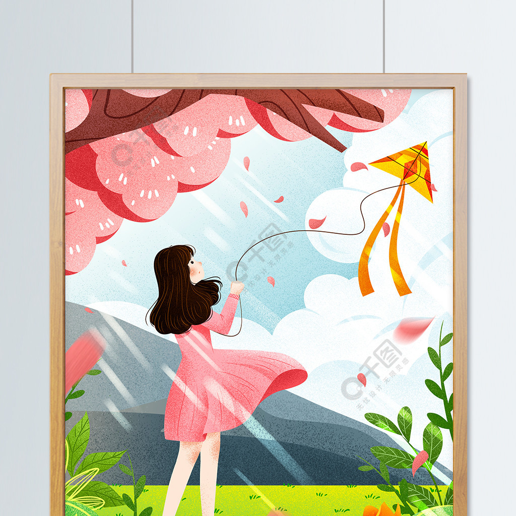 清新唯美春天放风筝女孩春季插画2年前发布