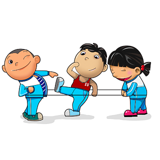 卡通体育课跳绳的三个小孩
