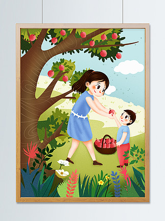 小场景插画元素13423亚当和夏娃圣经故事粉笔图标禁果蛇和苹果宗教