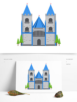 手繪歐式卡通夢幻城堡建築藍色小清新元素
