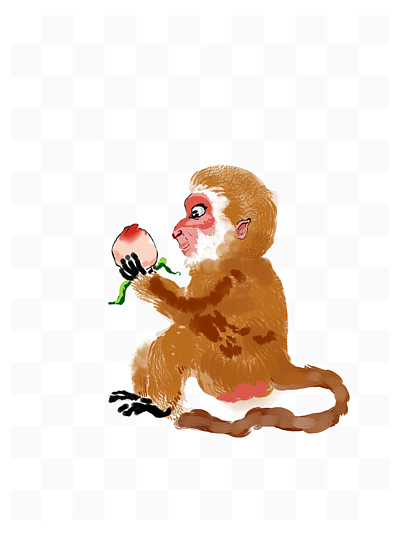 猴子吃桃手绘中国风水墨系列 i