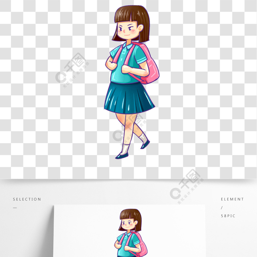 开学背书包的学生画画女孩