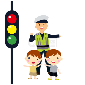交通安全系列警察叔叔指挥小学生过马路男孩女孩红绿灯