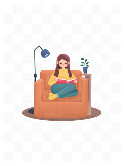 卡通插画风沙发上看书的女人