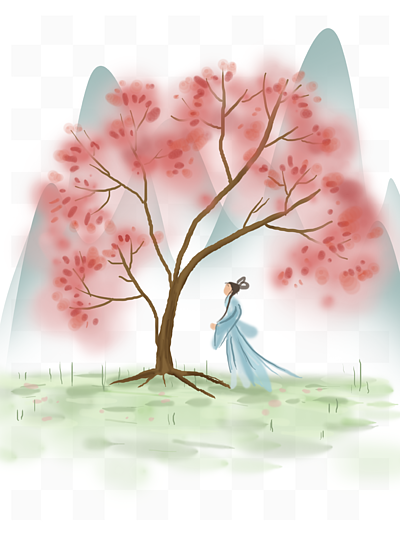春天桃树下的古代少女