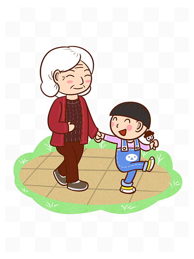 卡通老奶奶和孙子公园散步png透明底