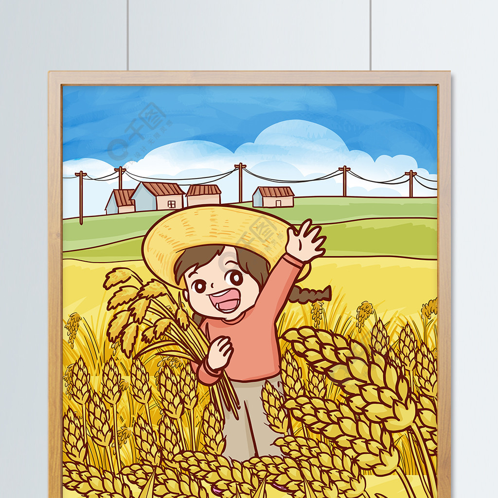 二十四节气芒种季节女孩子收割麦子手绘插画