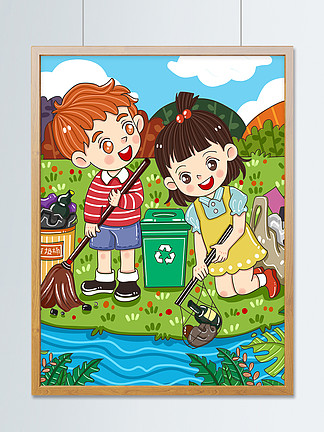 儿童画环保捡垃圾图片