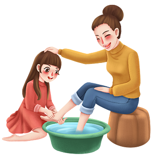 给妈妈洗脚感恩节孩子给父母洗脚手绘原创元素感恩节卡通手绘风给妈妈