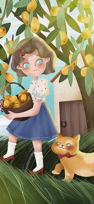 小满女孩摘枇杷果园可爱温馨插画
