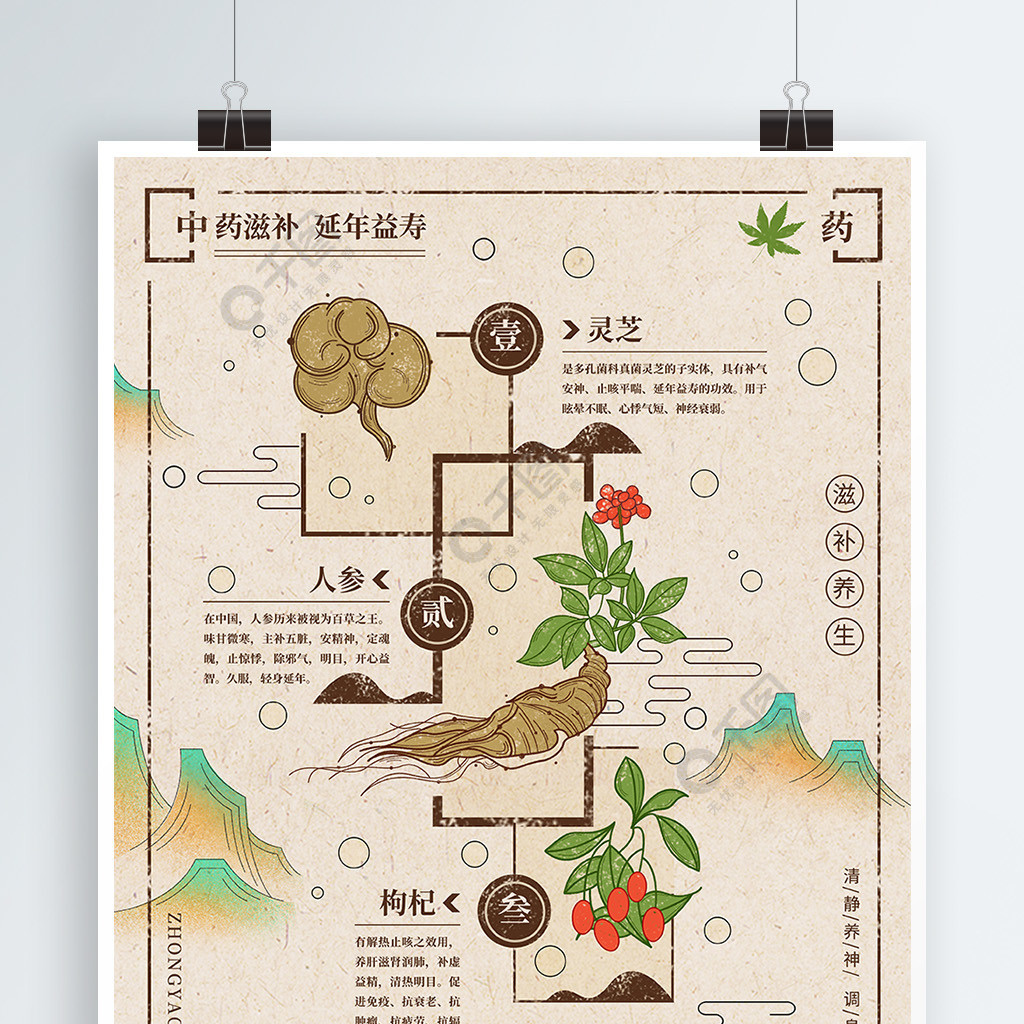 中医中药养生复古中国风手绘插画海报