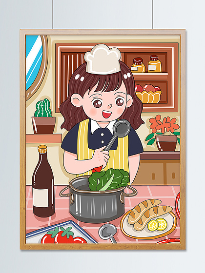 原创妈妈厨房做饭做菜烹饪可爱卡通儿童插画