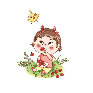 在草地上吃樱桃的小女孩