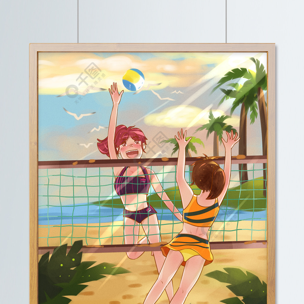原创夏日海边玩沙滩排球的美女卡通清新插画