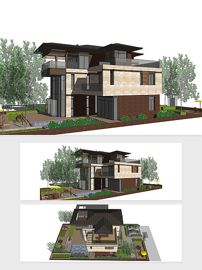 3d一層別墅建模111012c4d別墅外觀模型10983d高檔精細別墅模型