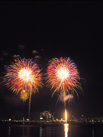 煙花爆竹在戶外城市天空黑暗火焰事件顯示節日風景視圖晚上淡定娛樂