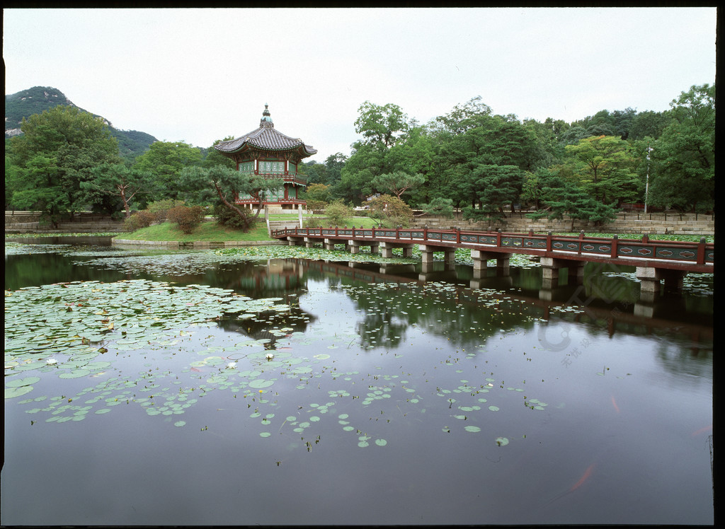 景觀旅遊反射結構公園電橋旅遊地標樹房子夏天曆史宮山樹著名池塘風景