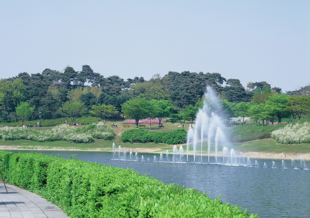 橋樑水河流河道景觀結構天空水體旅遊湖泊夏季噴泉雲朵懸索橋樹木樹木