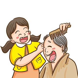 重阳节小辈小女孩给老人梳头手绘元素手绘卡通搀扶帮助老奶奶过马路的