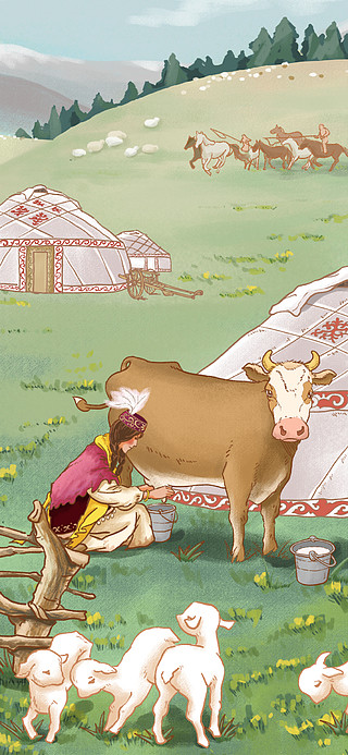 新疆哈萨克族姑娘草原挤牛奶民俗旅游插画