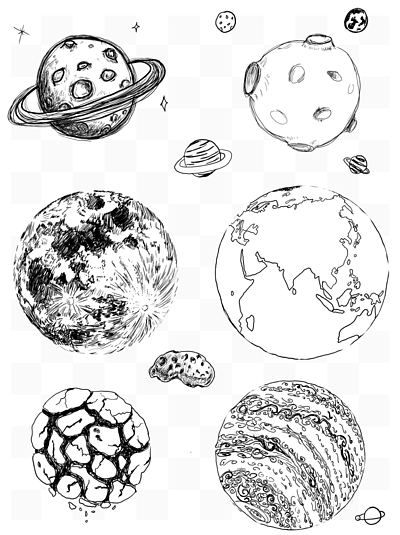 黑白相间的月球行星手绘素描