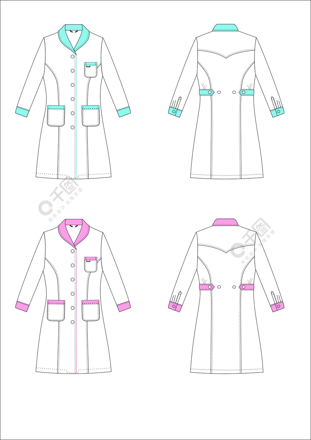 服装设计矢量图白大褂两款配色方案青果领图